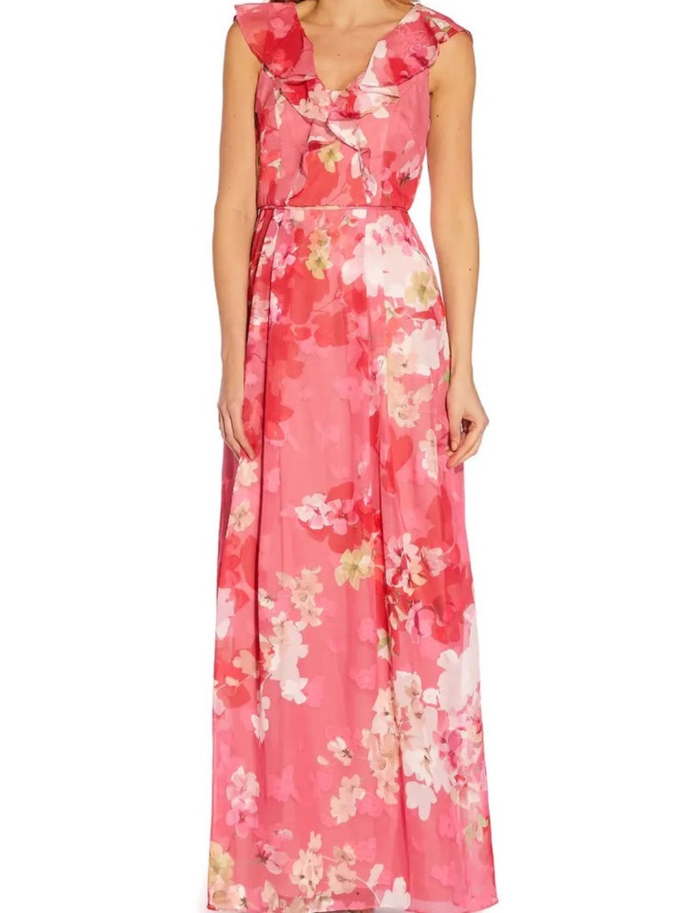 Adrianna Papell Coral Pink Floral Ruffle Maxi Dress